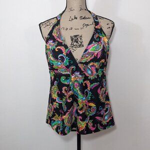 NWT Chaps Women's Swimwear Tankini swimsuit top Paisley Black Multicolor size 18